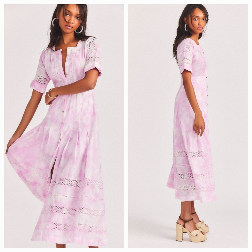 LOVESHACKFANCY Edie Tie Dye Midi Dress in Peony Pink Small NWT - Picture 5 of 9